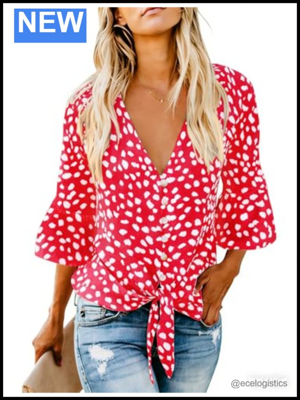 Women's Tie Knot Chiffon Blouse V-Neck Ruffle Sleeve 3/4 Button Down